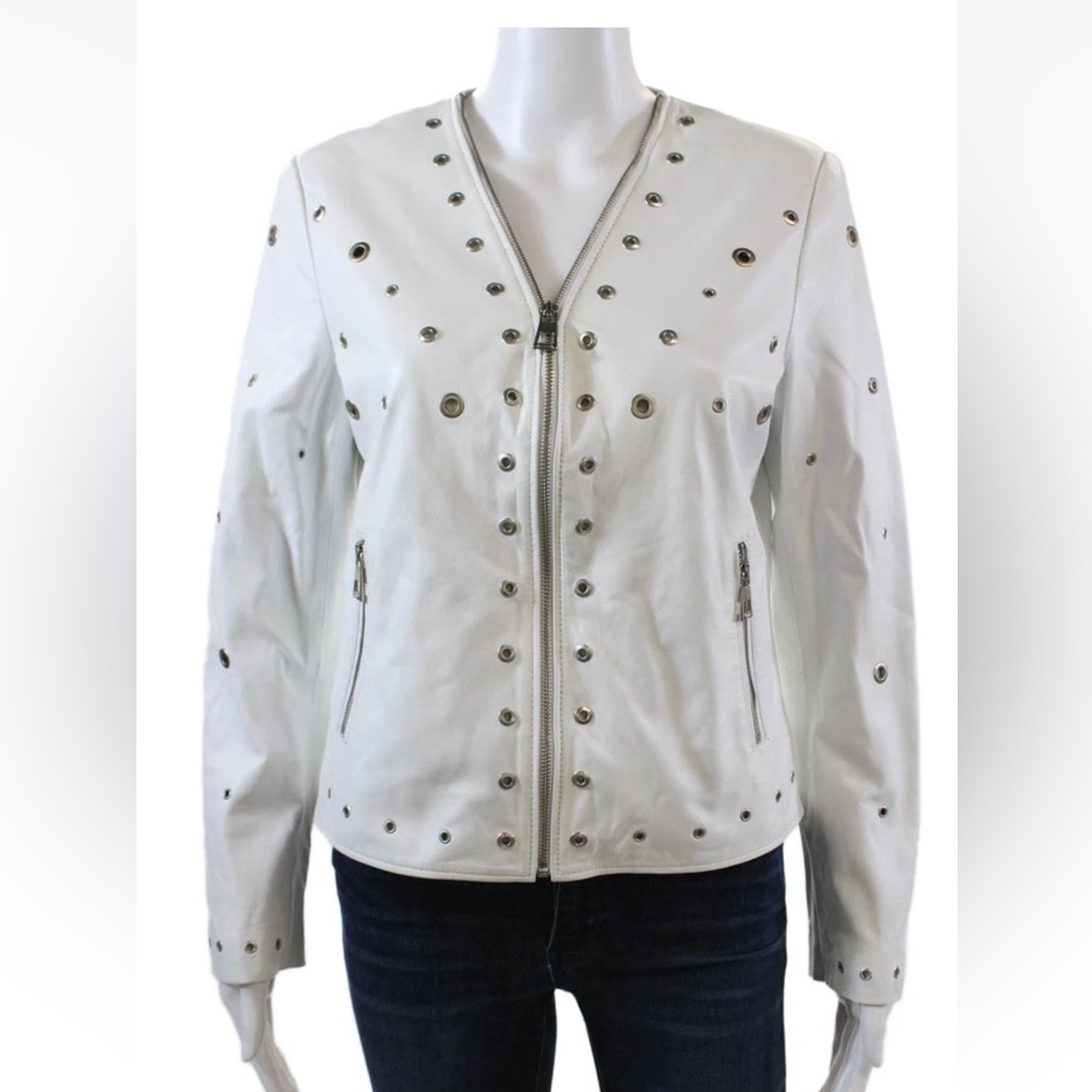 🤍 Natto Womens Leather Grommet Detail Zip Up Long Sleeve Jacket White Size M